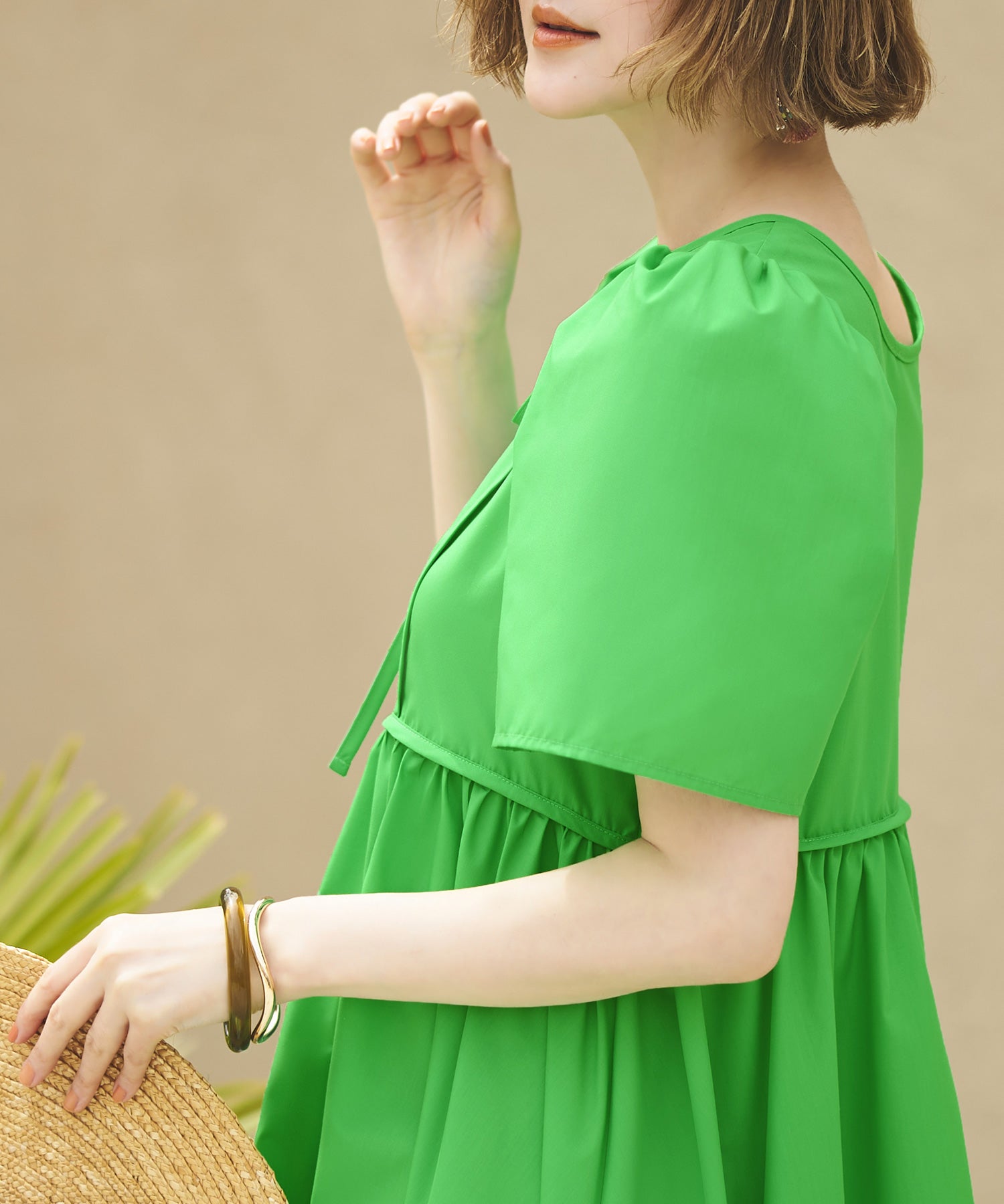 ルイルエブティック RUIRUE BOUTIQUE 洗える ボリュームスリーブ・ギャザー ロング丈 ワンピース （ビビッドグリーン） ビビッドグリーン