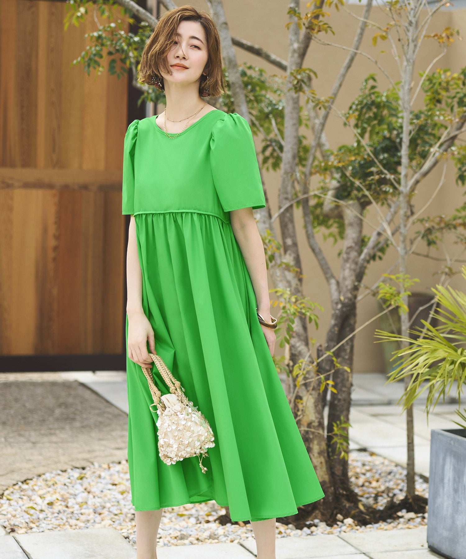 ルイルエブティック RUIRUE BOUTIQUE 洗える ボリュームスリーブ・ギャザー ロング丈 ワンピース （ビビッドグリーン） ビビッドグリーン