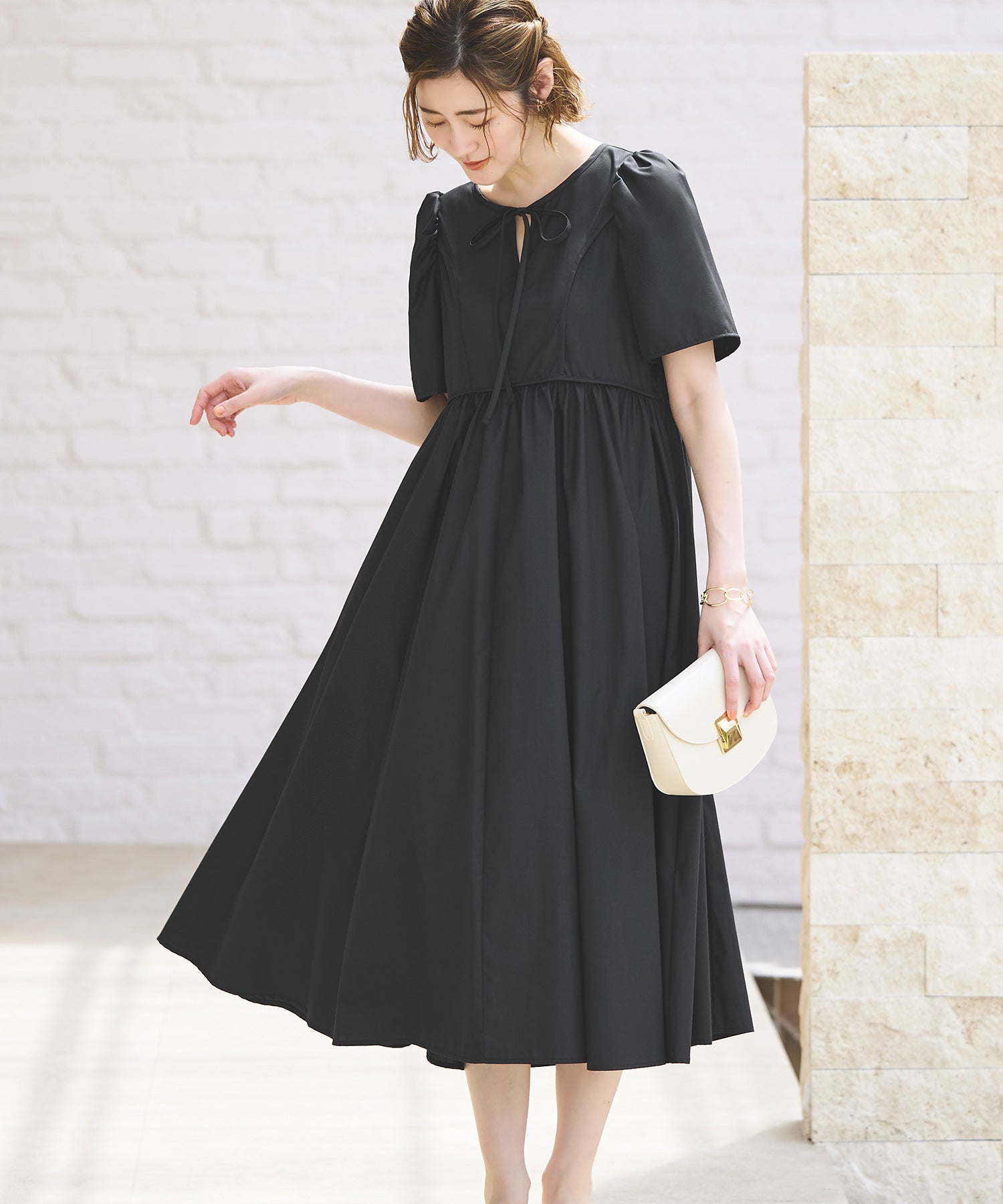 ルイルエブティック RUIRUE BOUTIQUE 洗える ボリュームスリーブ・ギャザー ロング丈 ワンピース （ブラック） ブラック