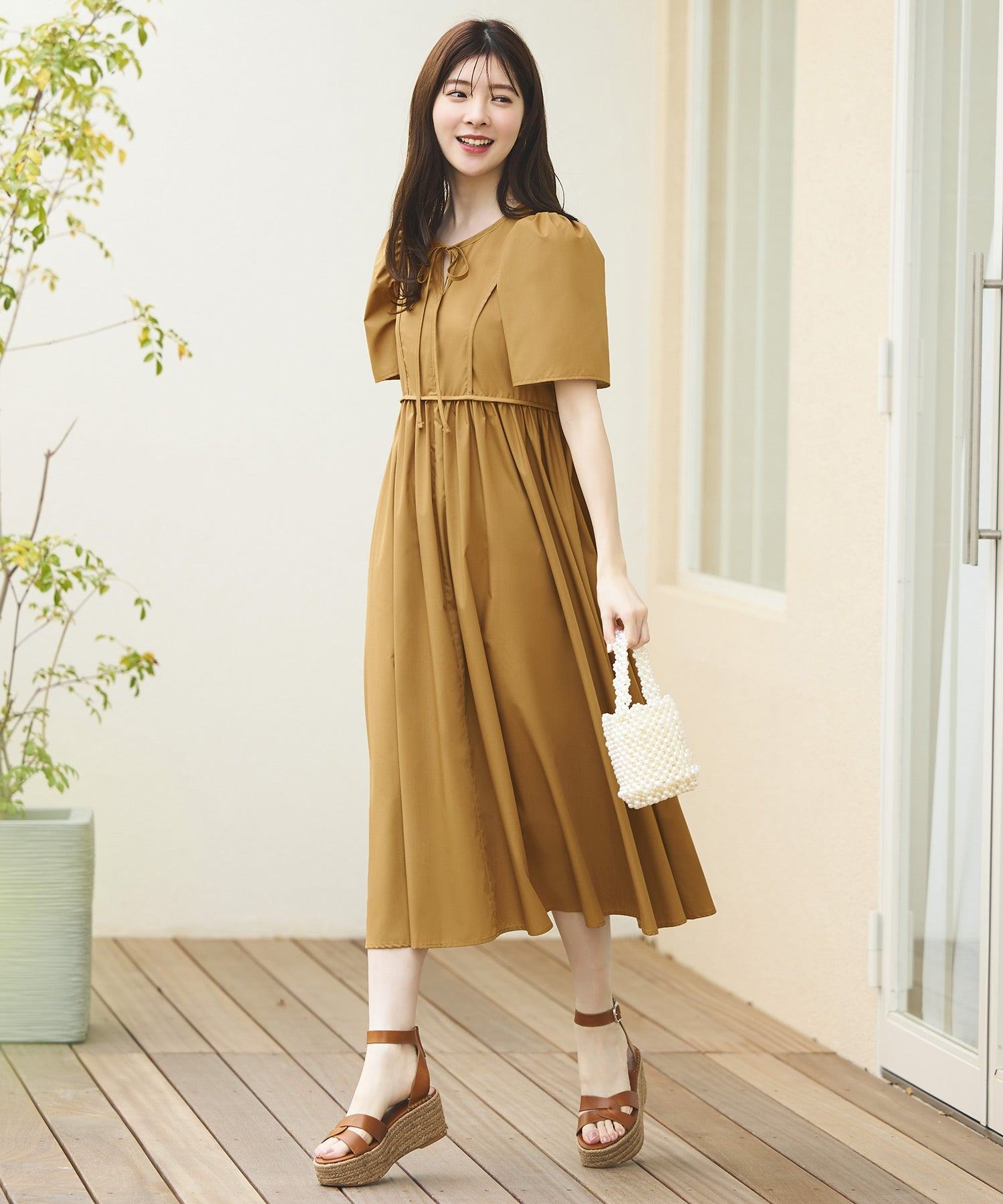 ルイルエブティック RUIRUE BOUTIQUE 洗える ボリュームスリーブ・ギャザー ロング丈 ワンピース （キャメル） キャメル