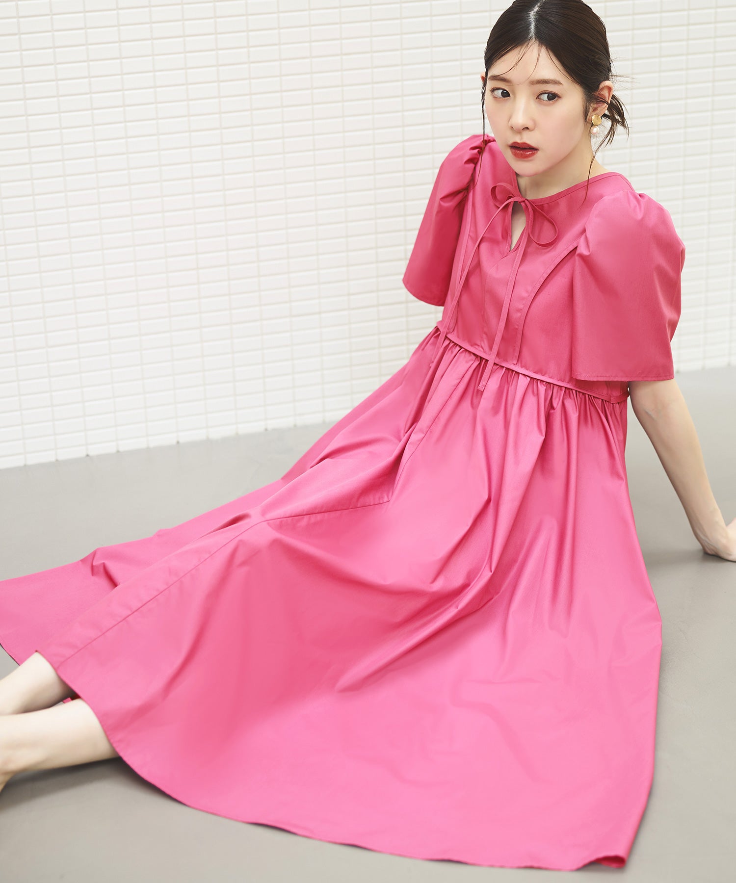 ルイルエブティック RUIRUE BOUTIQUE 洗える ボリュームスリーブ・ギャザー ロング丈 ワンピース （チェリーピンク） チェリーピンク