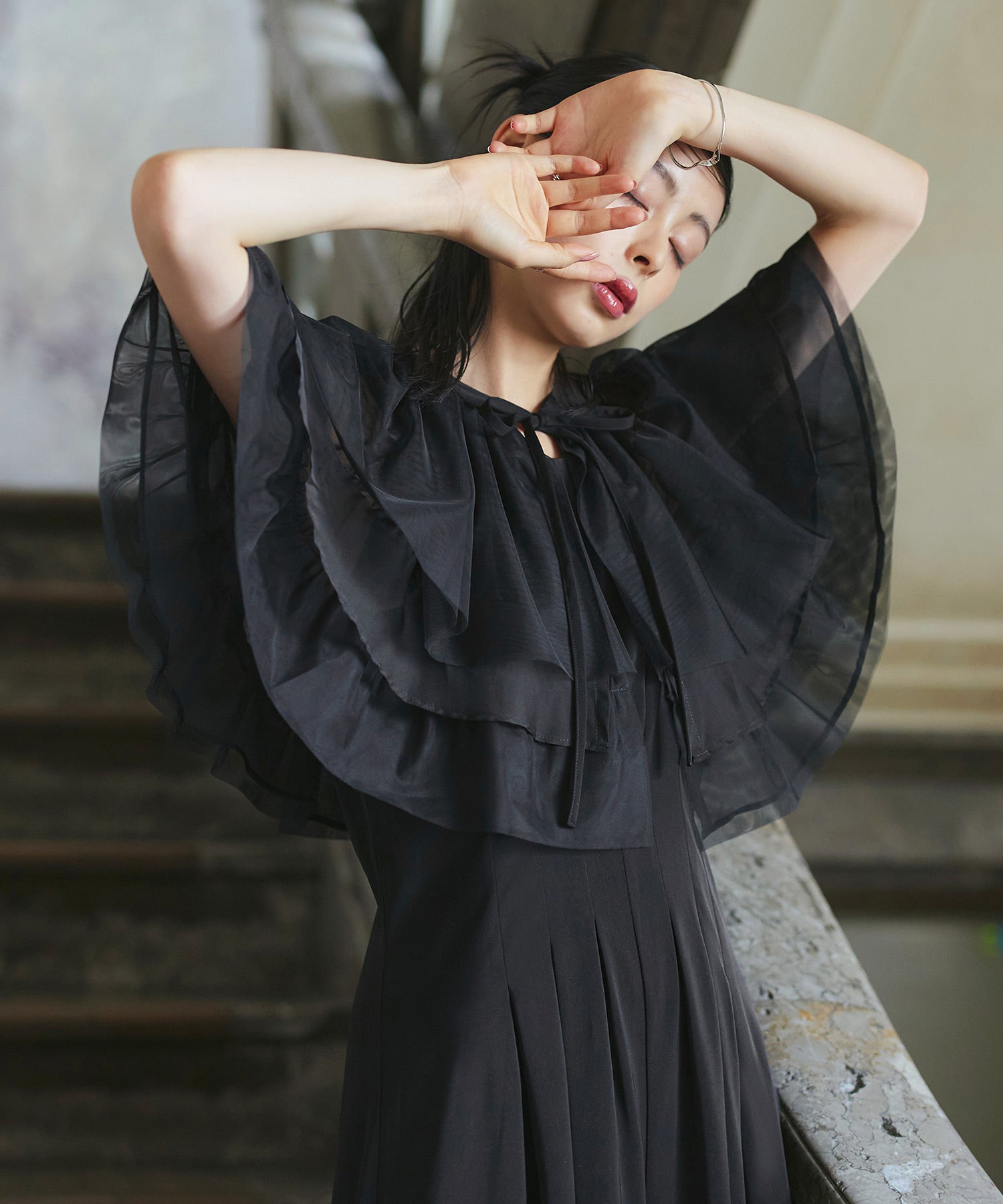 RUIRUE BOUTIQUE 【Multi-WAY】 Layered Sheer Cape & Flare Pants Dress Set Up