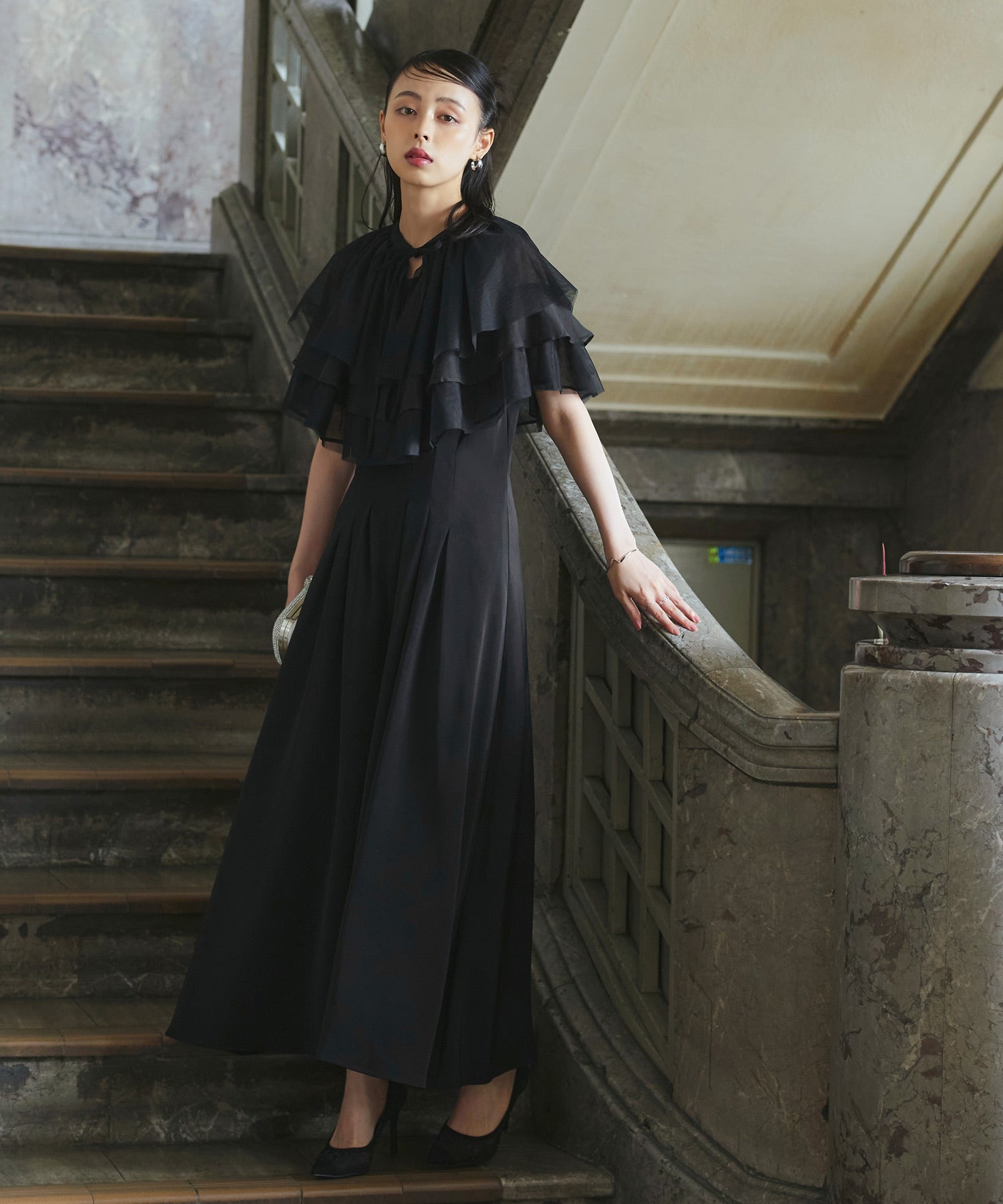 RUIRUE BOUTIQUE 【Multi-WAY】 Layered Sheer Cape & Flare Pants Dress Set Up