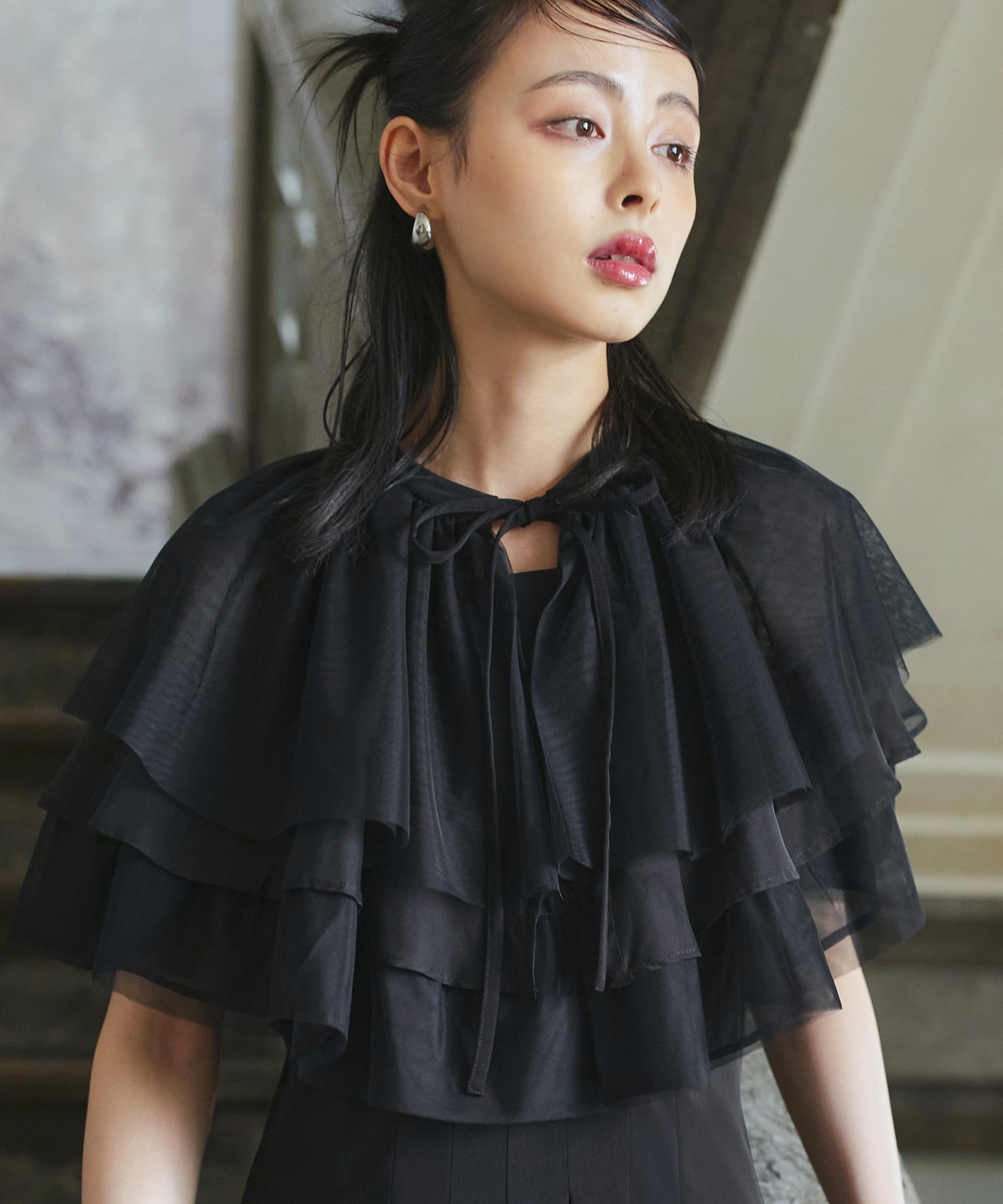 RUIRUE BOUTIQUE 【Multi-WAY】 Layered Sheer Cape & Flare Pants Dress Set Up