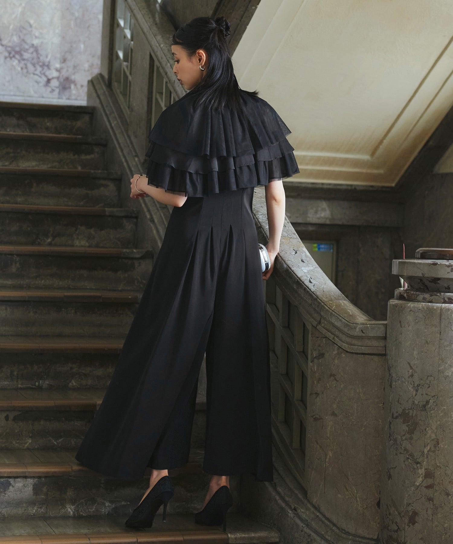 RUIRUE BOUTIQUE 【Multi-WAY】 Layered Sheer Cape & Flare Pants Dress Set Up