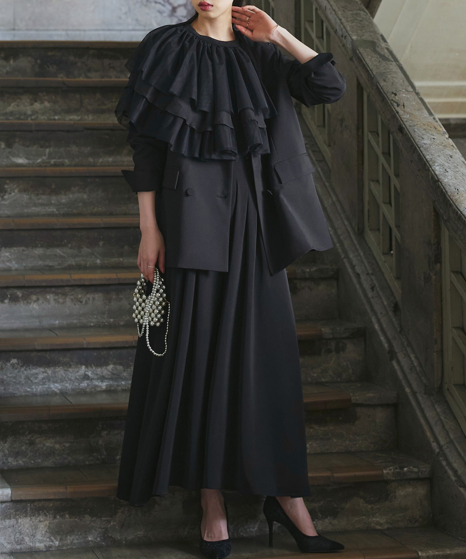 RUIRUE BOUTIQUE 【Multi-WAY】 Layered Sheer Cape & Flare Pants Dress Set Up