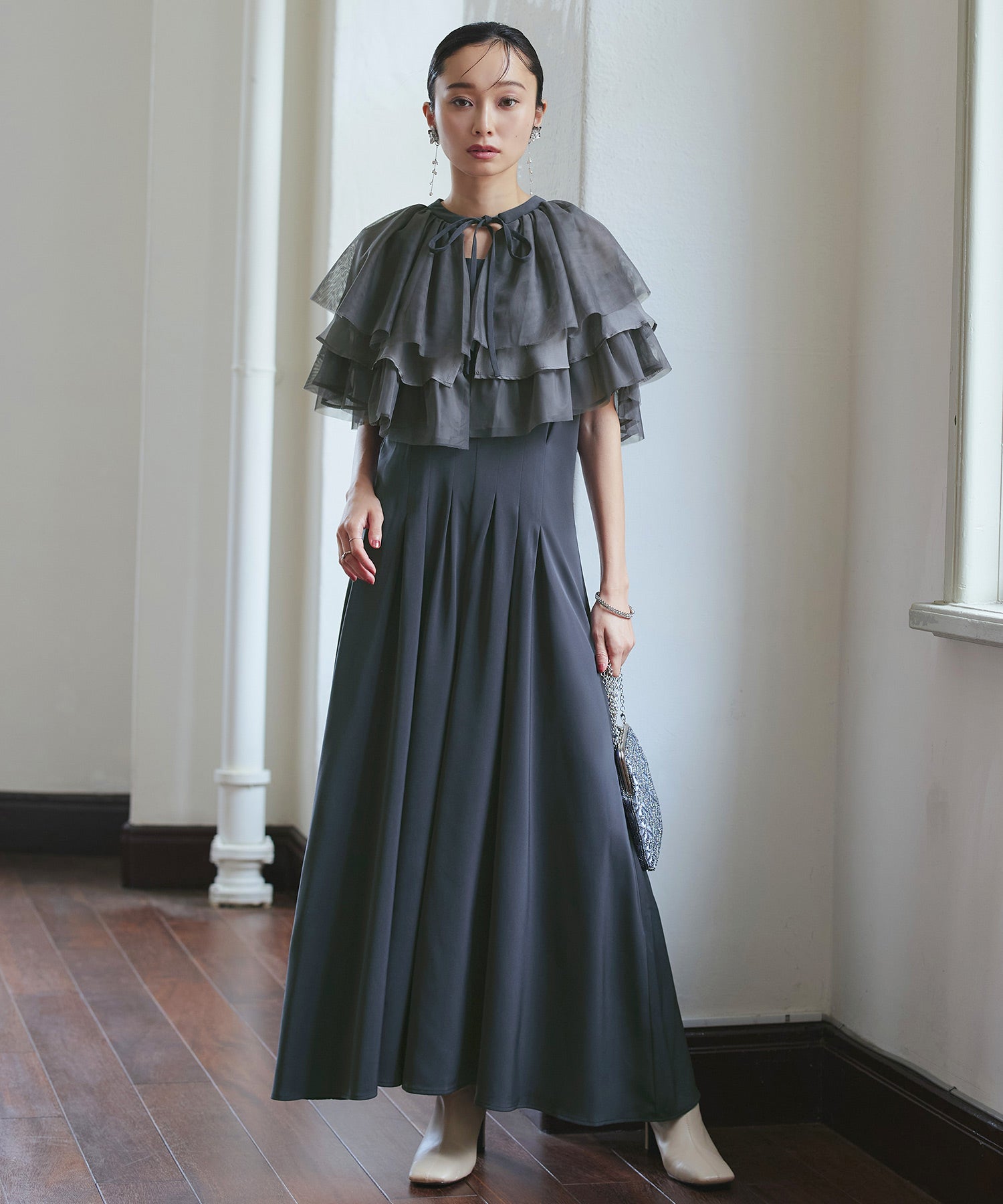 RUIRUE BOUTIQUE 【Multi-WAY】 Layered Sheer Cape & Flare Pants Dress Set Up