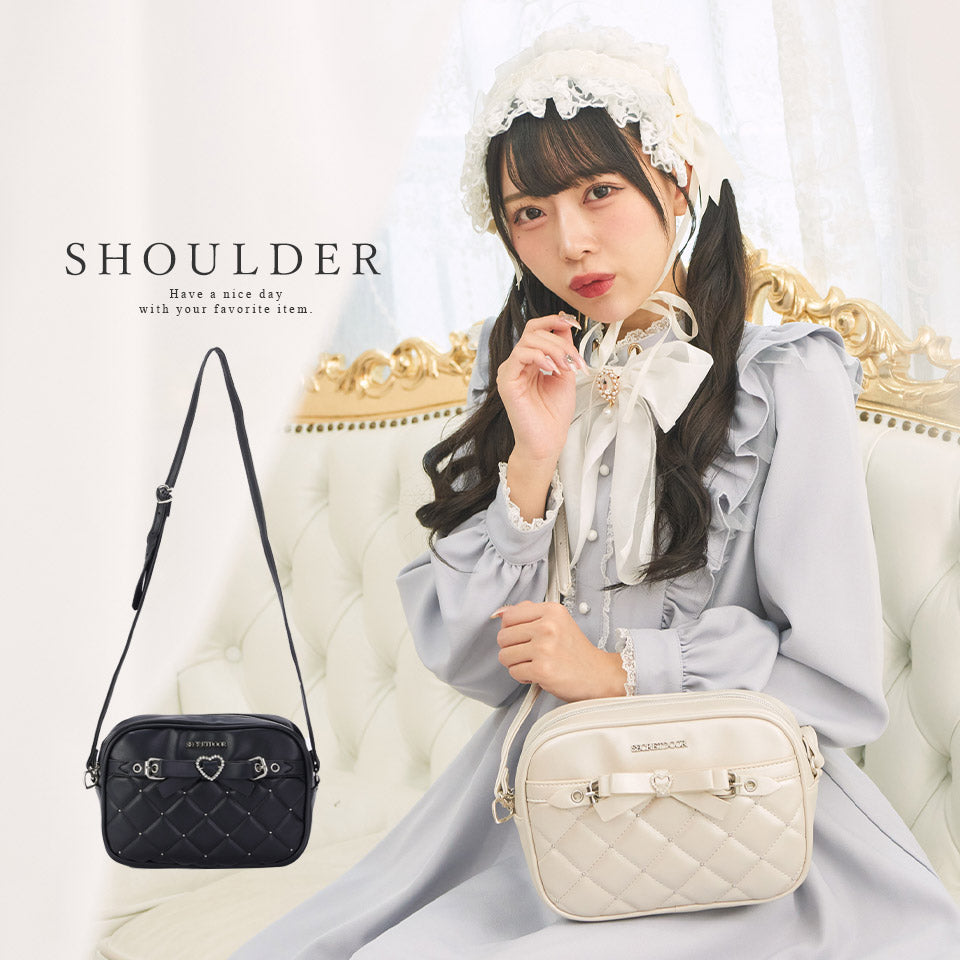 シークレットドア SecretDoor ショルダーバッグ キルティング スタッズ ハート リボン ビジュー プルーン
