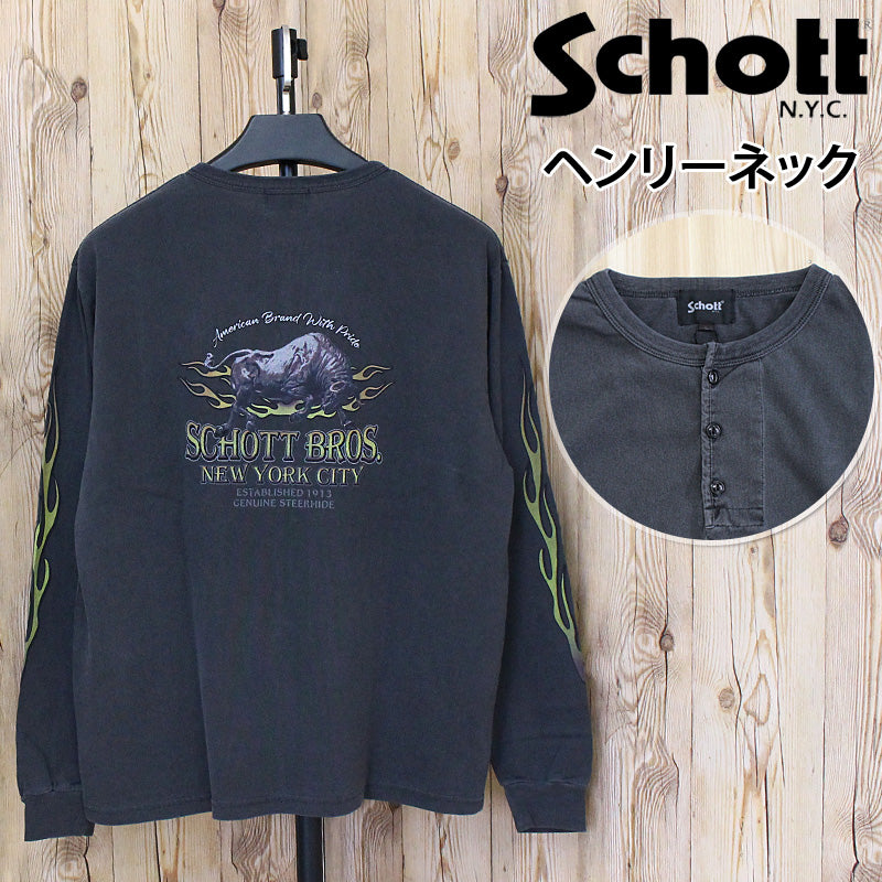 【schott】Fire pttern henley L/S T-shirt Schott FIRE PATTERN HENLEY LS T-SHIRT Fire Pattern Henley Neck Printed