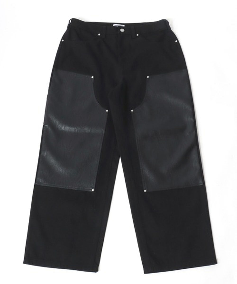 サロンハミュー Salong hameu デニム フェイクレザー ダブルニー ワイドパンツ メンズ レディース （ブラック） ブラック