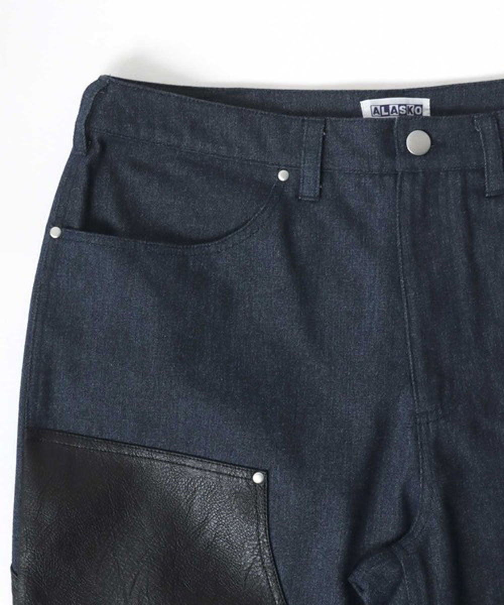 サロンハミュー Salong hameu デニム フェイクレザー ダブルニー ワイドパンツ メンズ レディース （ブラック） ブラック