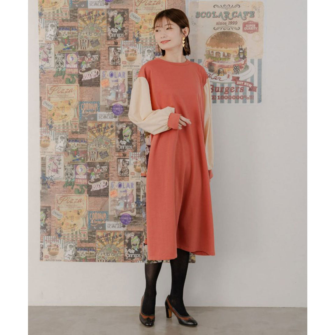 スカラー ScoLar 花蝶馬スカーフ柄 チュール重ね裏毛ワンピース
