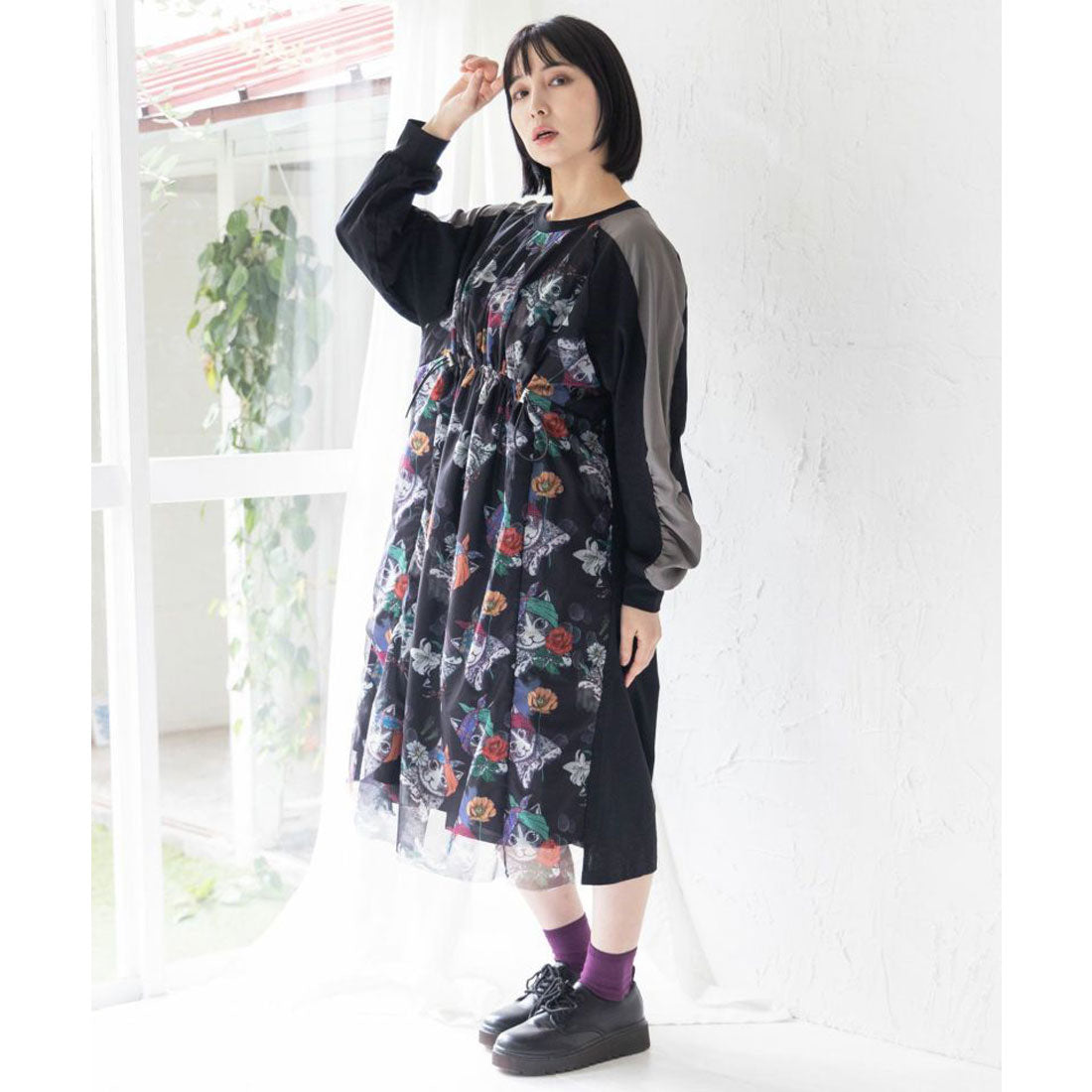 スカラー ScoLar ターバンを巻いたおしゃれネコ チュール重ねワンピース
