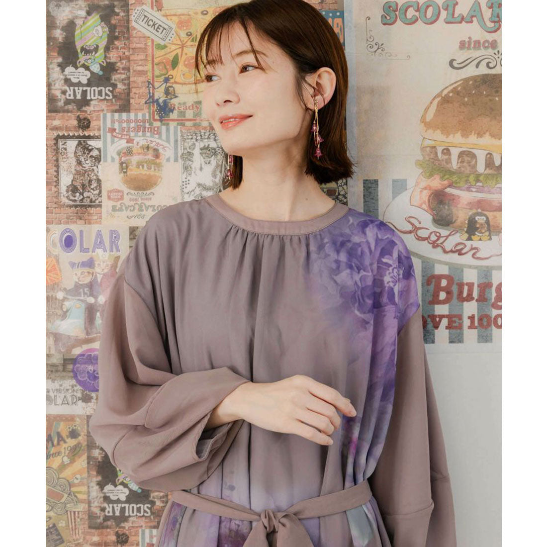 スカラー ScoLar 咲き誇る大輪柄 シフォンワンピース