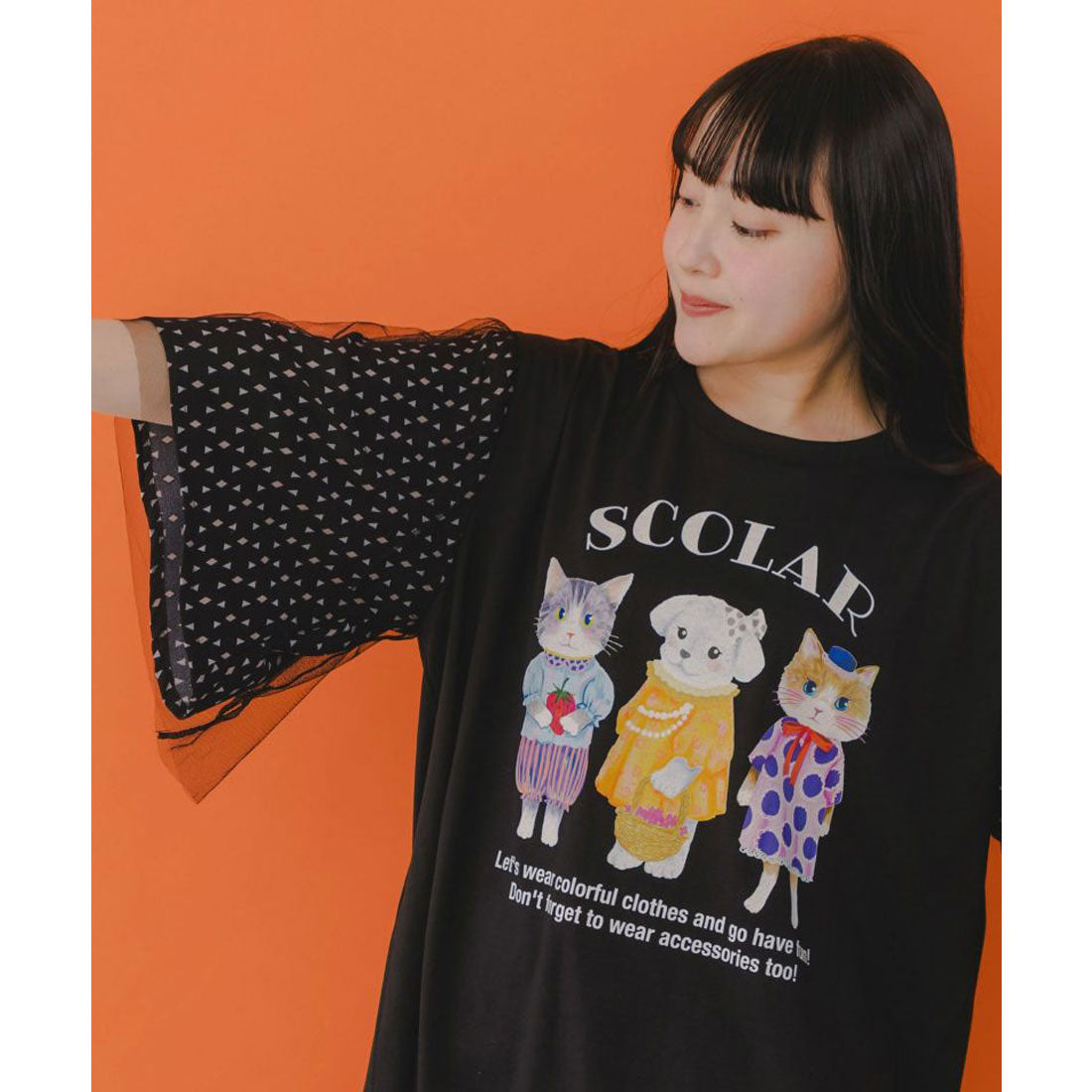 スカラー ScoLar おしゃれネコとワンコのアニマル柄 チュール袖ワンピース （グリーン） グリーン
