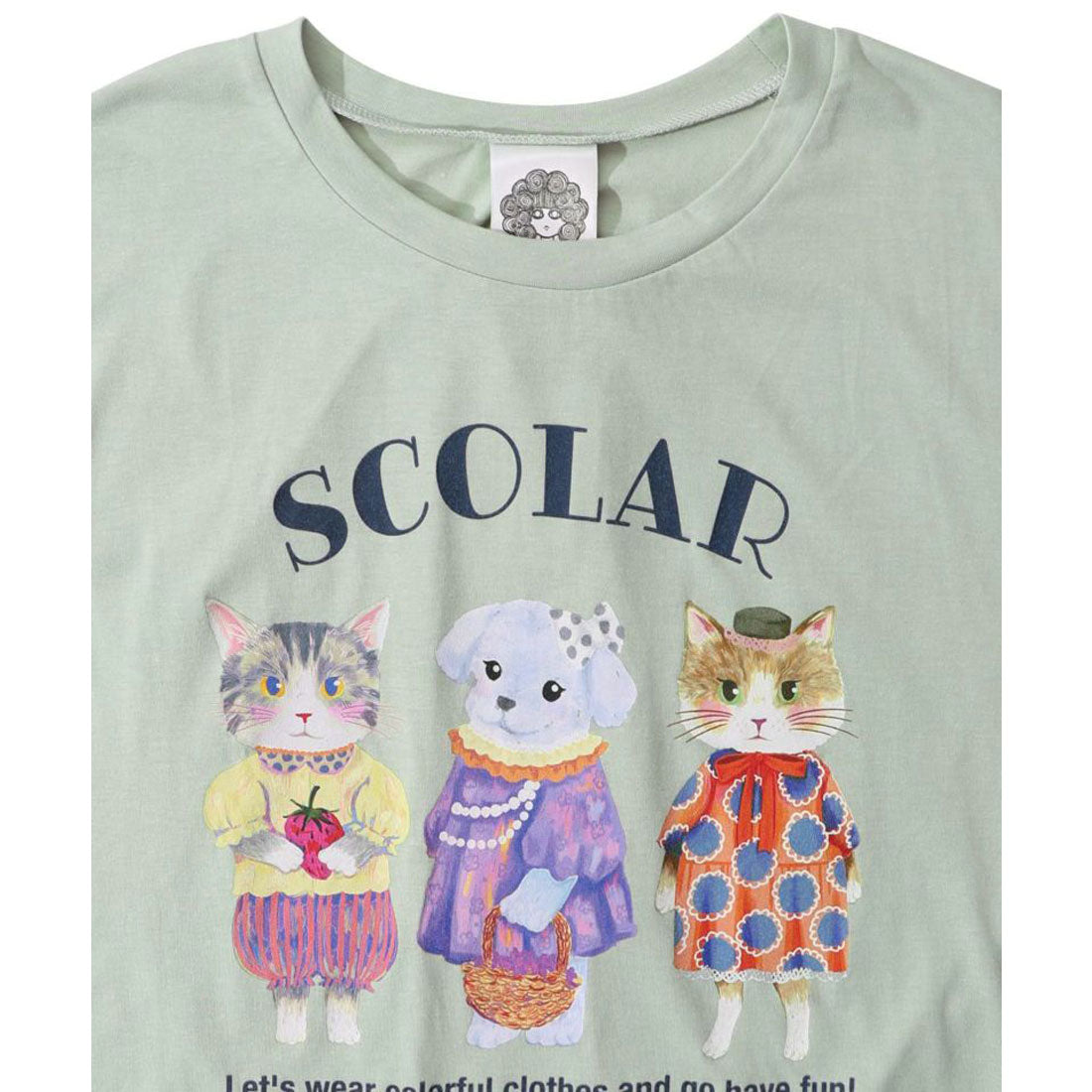 スカラー ScoLar おしゃれネコとワンコのアニマル柄 チュール袖ワンピース （グリーン） グリーン