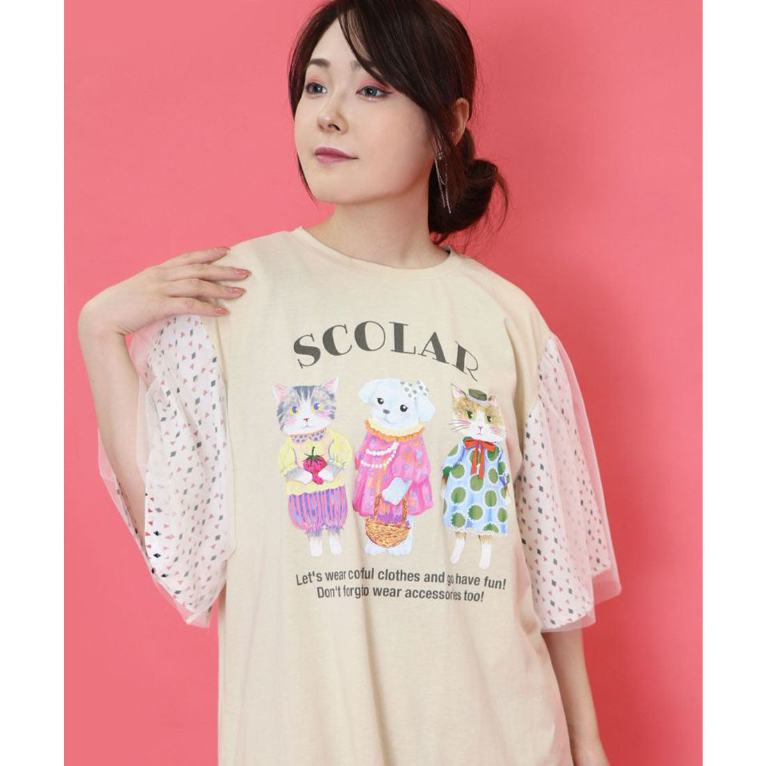 スカラー ScoLar おしゃれネコとワンコのアニマル柄 チュール袖ワンピース （アイボリー） アイボリー
