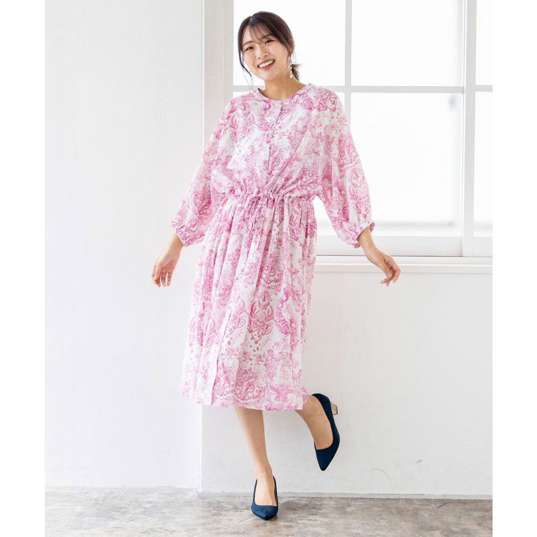 スカラー ScoLar 海総柄シアーチェック 前開きシャツワンピース （ピンク） ピンク