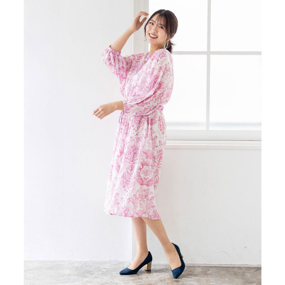 スカラー ScoLar 海総柄シアーチェック 前開きシャツワンピース （ピンク） ピンク