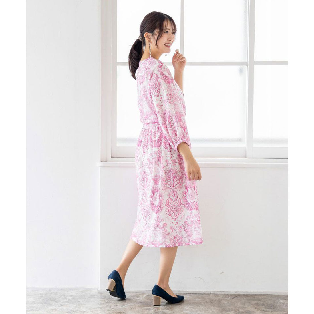 スカラー ScoLar 海総柄シアーチェック 前開きシャツワンピース （ピンク） ピンク