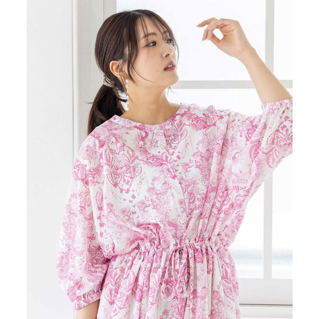 スカラー ScoLar 海総柄シアーチェック 前開きシャツワンピース （ピンク） ピンク