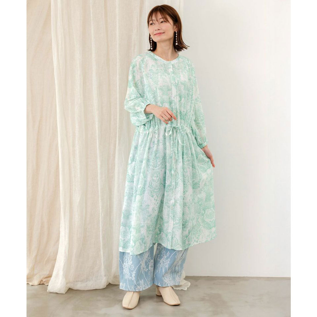 スカラー ScoLar 海総柄シアーチェック 前開きシャツワンピース （グリーン） グリーン