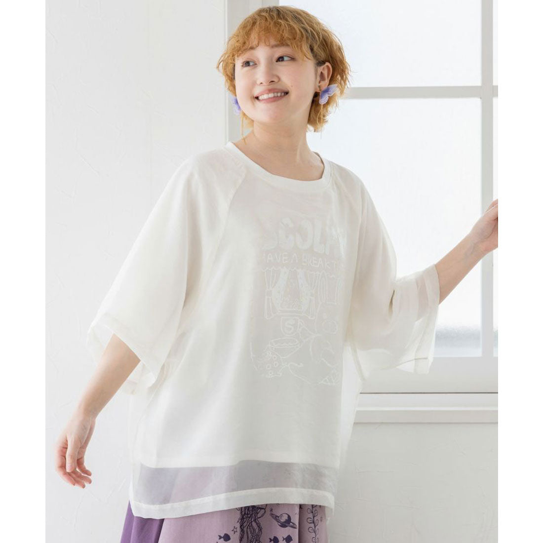 スカラー ScoLar ラビル箔プリント オーガンジー重ねプルオーバー （オフホワイト） オフホワイト