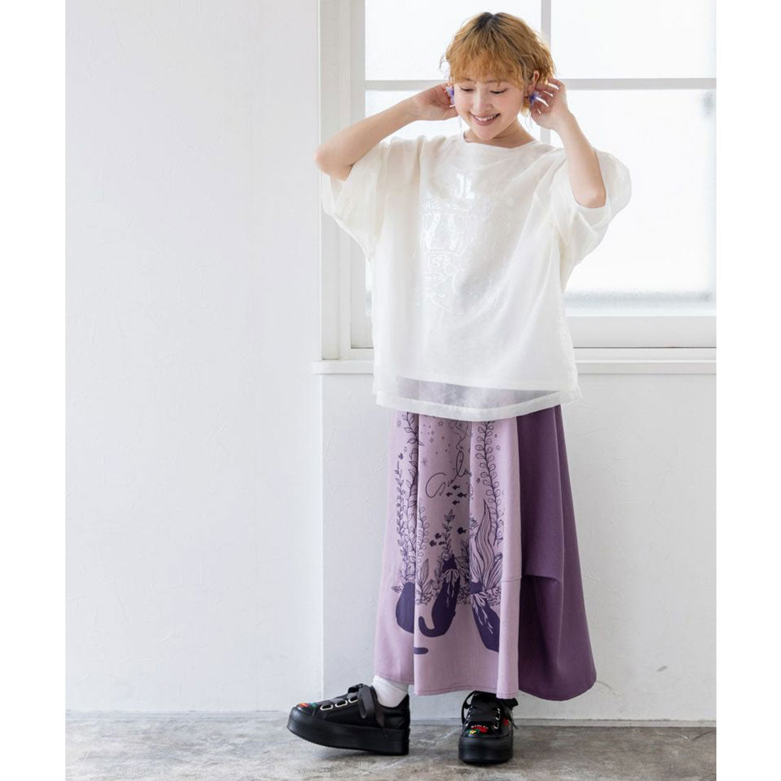 スカラー ScoLar ラビル箔プリント オーガンジー重ねプルオーバー （オフホワイト） オフホワイト