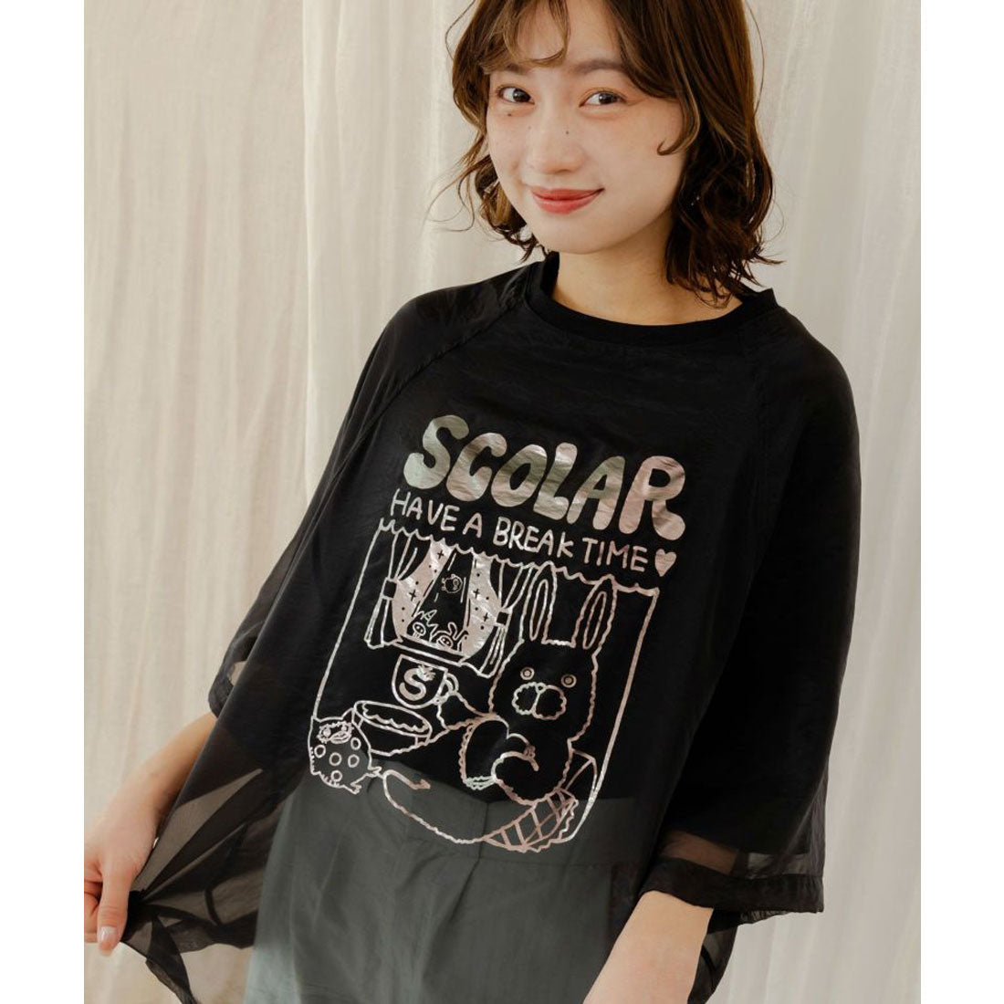スカラー ScoLar ラビル箔プリント オーガンジー重ねプルオーバー （ブラック） ブラック