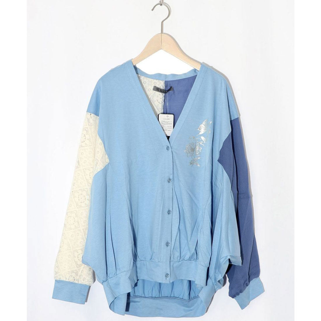 スカラー ScoLar 花蝶箔プリント 異素材MIXカーディガン （サックス） サックス