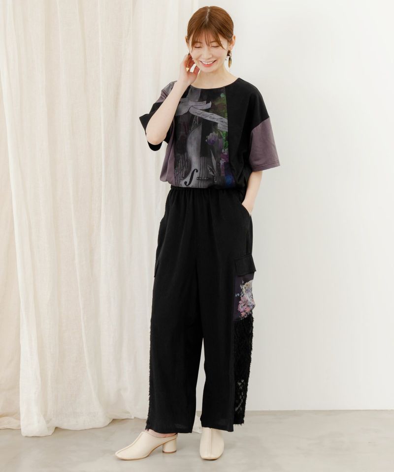 スカラー ScoLar アートコラージュ チュール重ね切替Tシャツ （ブラック） ブラック
