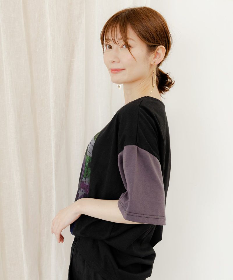 スカラー ScoLar アートコラージュ チュール重ね切替Tシャツ （ブラック） ブラック