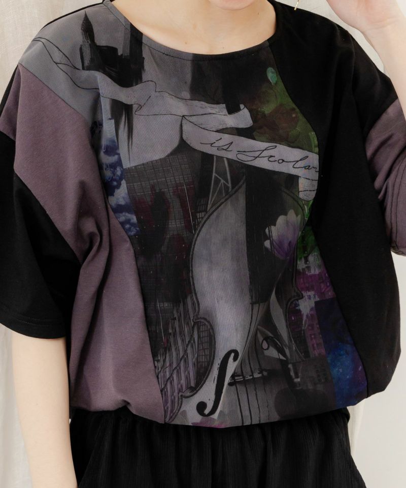 スカラー ScoLar アートコラージュ チュール重ね切替Tシャツ （ブラック） ブラック