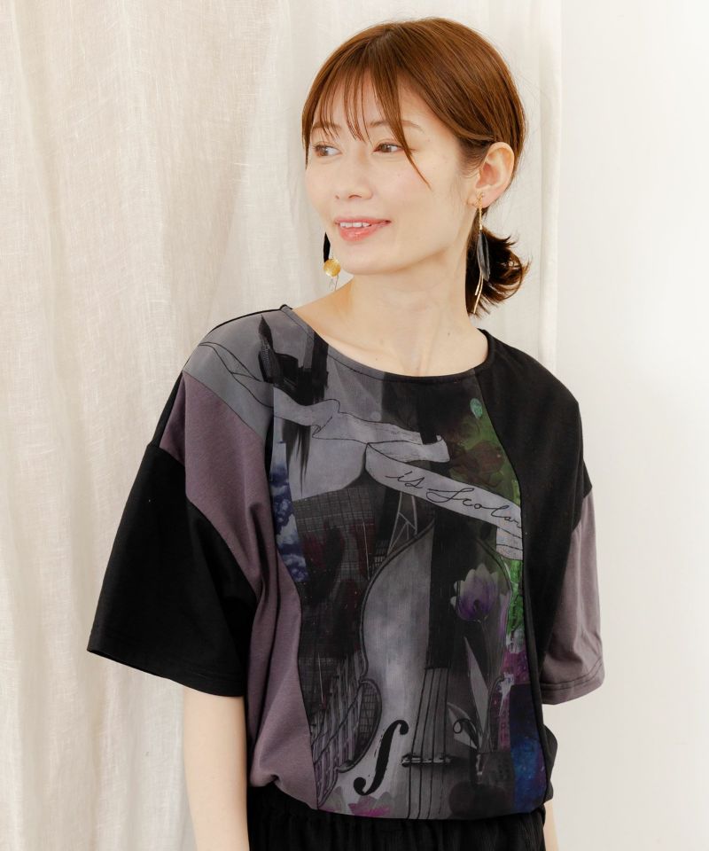 スカラー ScoLar アートコラージュ チュール重ね切替Tシャツ （サックス） サックス