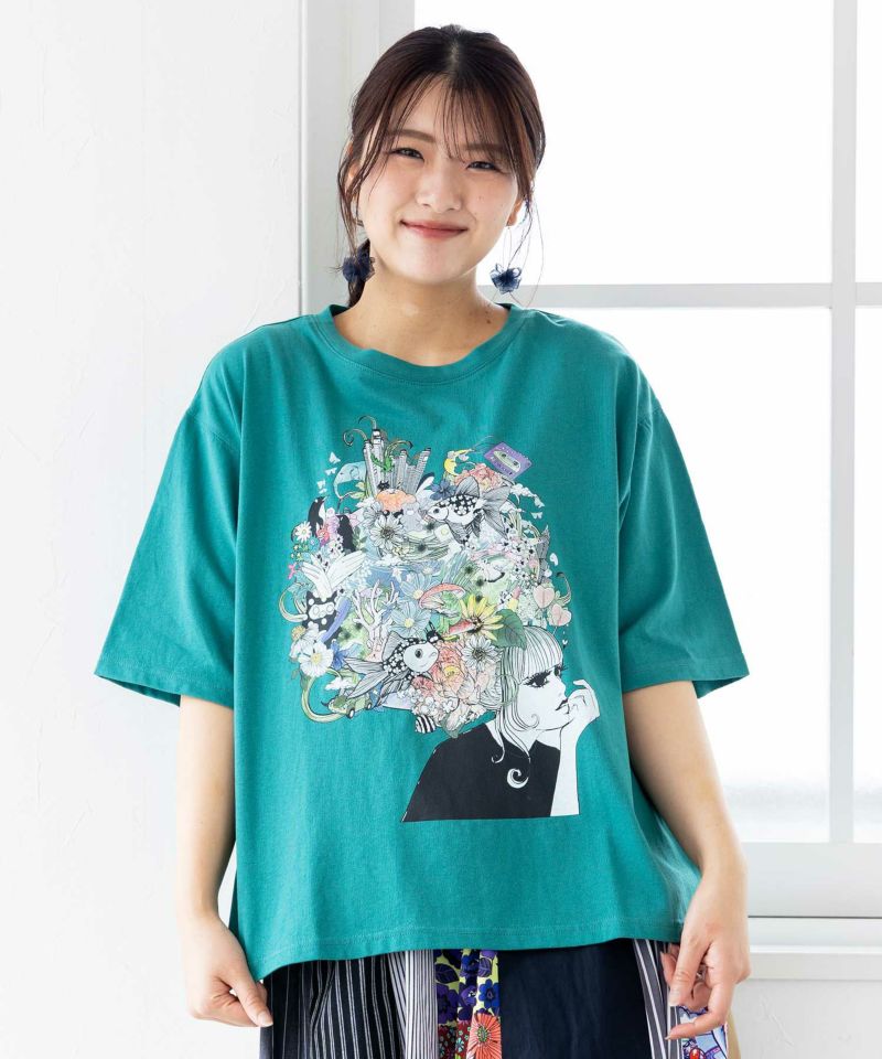 スカラー ScoLar 花とアニマルアートTシャツ （グリーン） グリーン