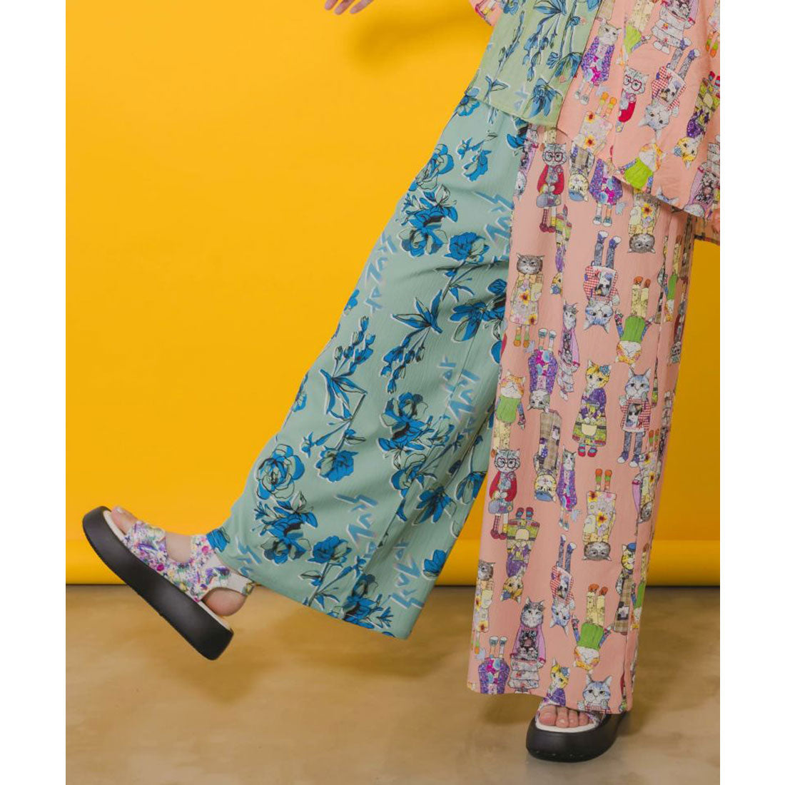 スカラー ScoLar 花×おしゃれネコ バイカラー切替パンツ （オレンジ） オレンジ