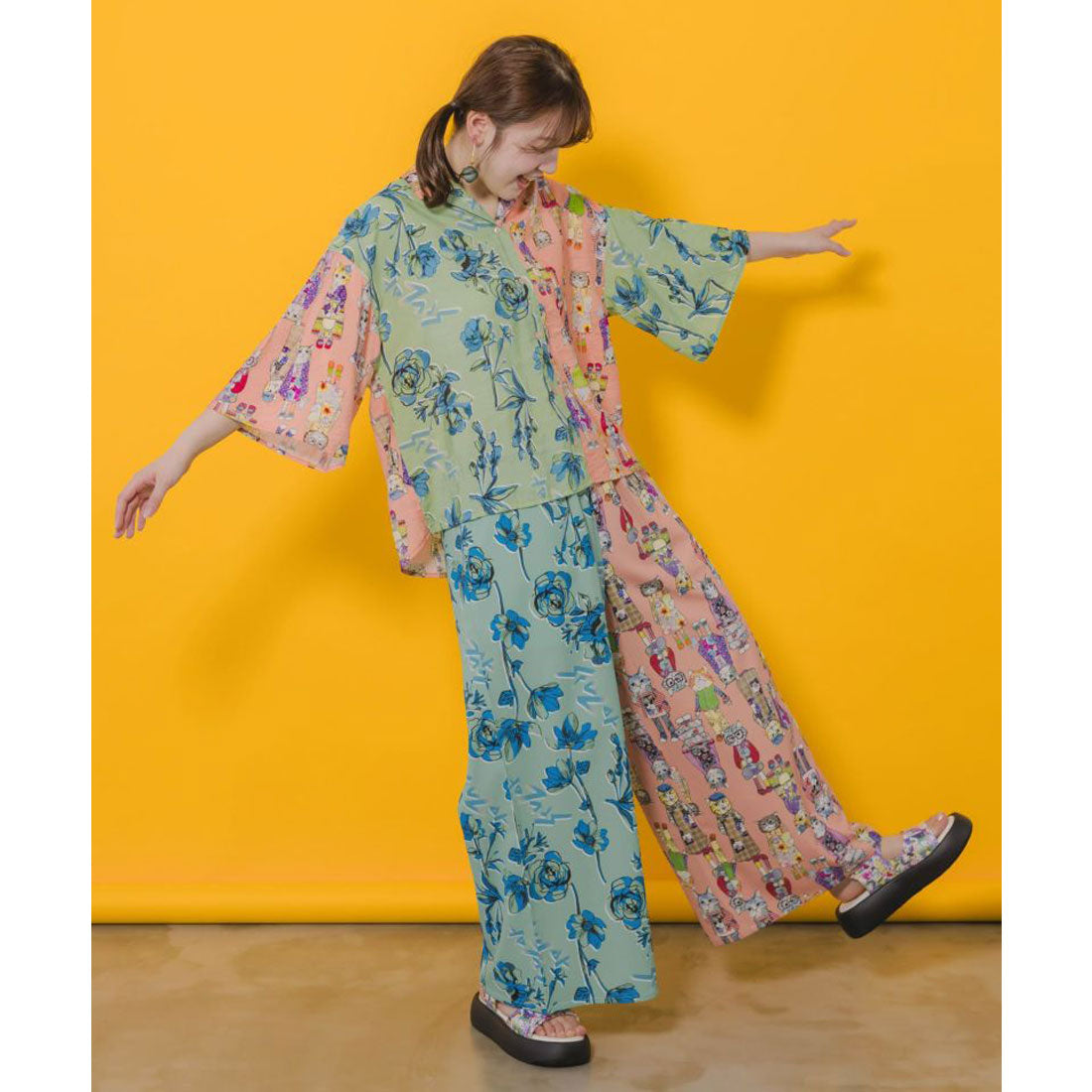 スカラー ScoLar 花×おしゃれネコ バイカラー切替パンツ （オレンジ） オレンジ