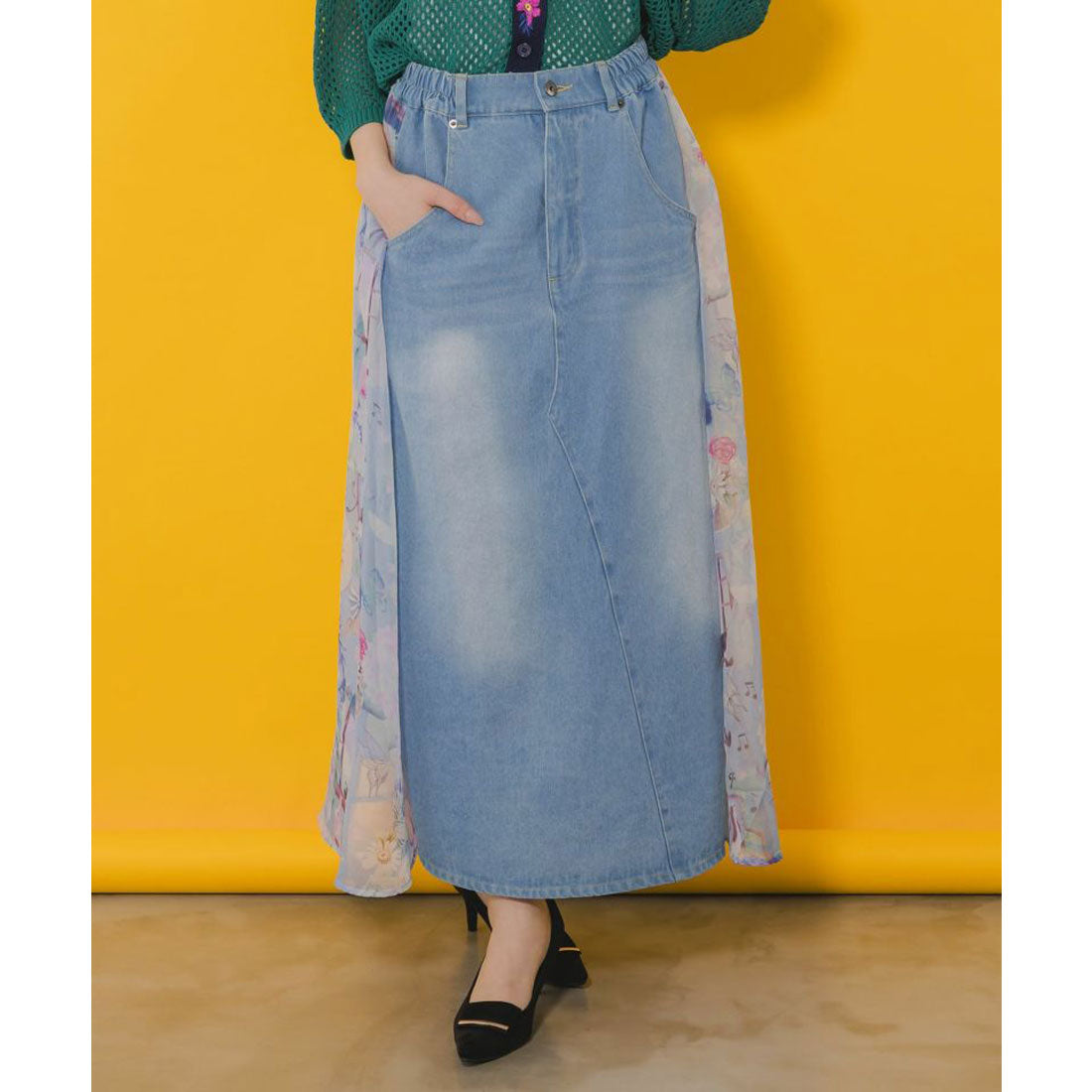 スカラー ScoLar 紫陽花のある海辺のお部屋柄 切替スカート （サックス） サックス