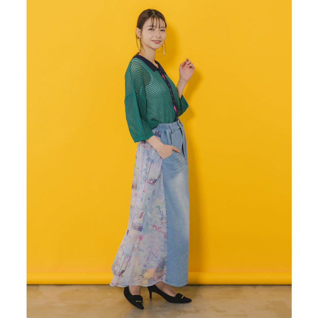 スカラー ScoLar 紫陽花のある海辺のお部屋柄 切替スカート （サックス） サックス
