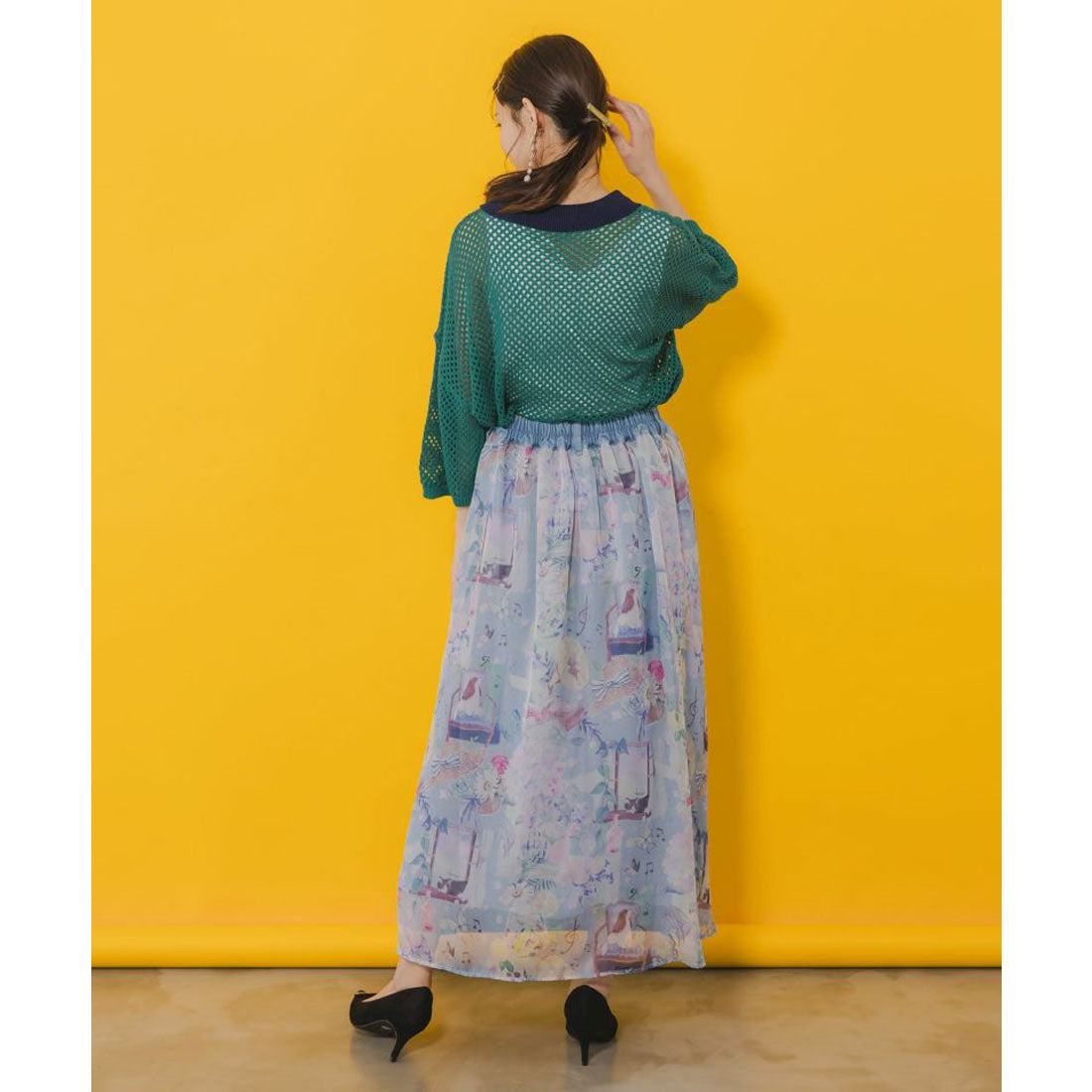スカラー ScoLar 紫陽花のある海辺のお部屋柄 切替スカート （サックス） サックス