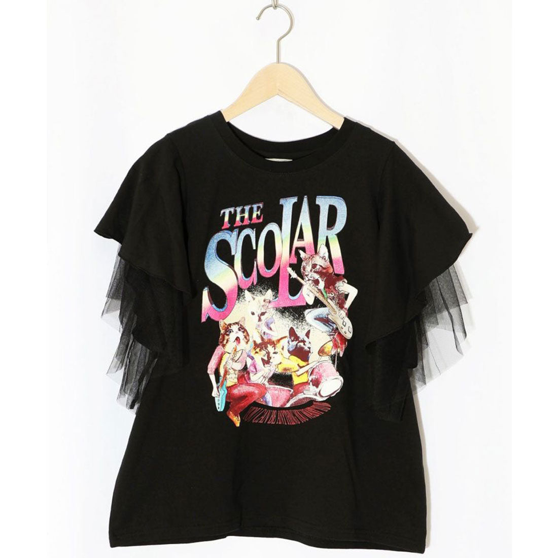 スカラー ScoLar ネコ×ロック柄 メッシュ切替Tシャツ （ブラック） ブラック
