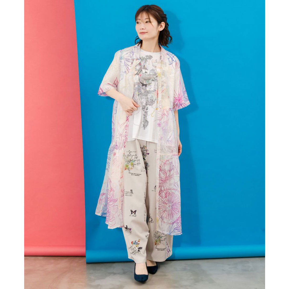 スカラー ScoLar 花フルーツ柄シアーシャツワンピース （オフホワイト） オフホワイト