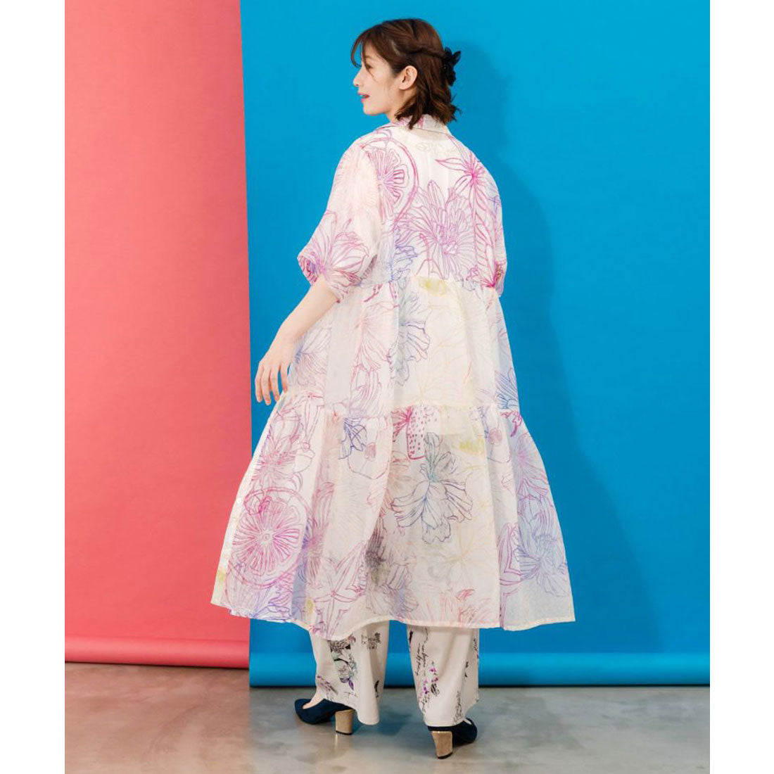 スカラー ScoLar 花フルーツ柄シアーシャツワンピース （オフホワイト） オフホワイト