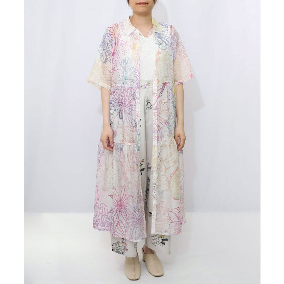 スカラー ScoLar 花フルーツ柄シアーシャツワンピース （オフホワイト） オフホワイト
