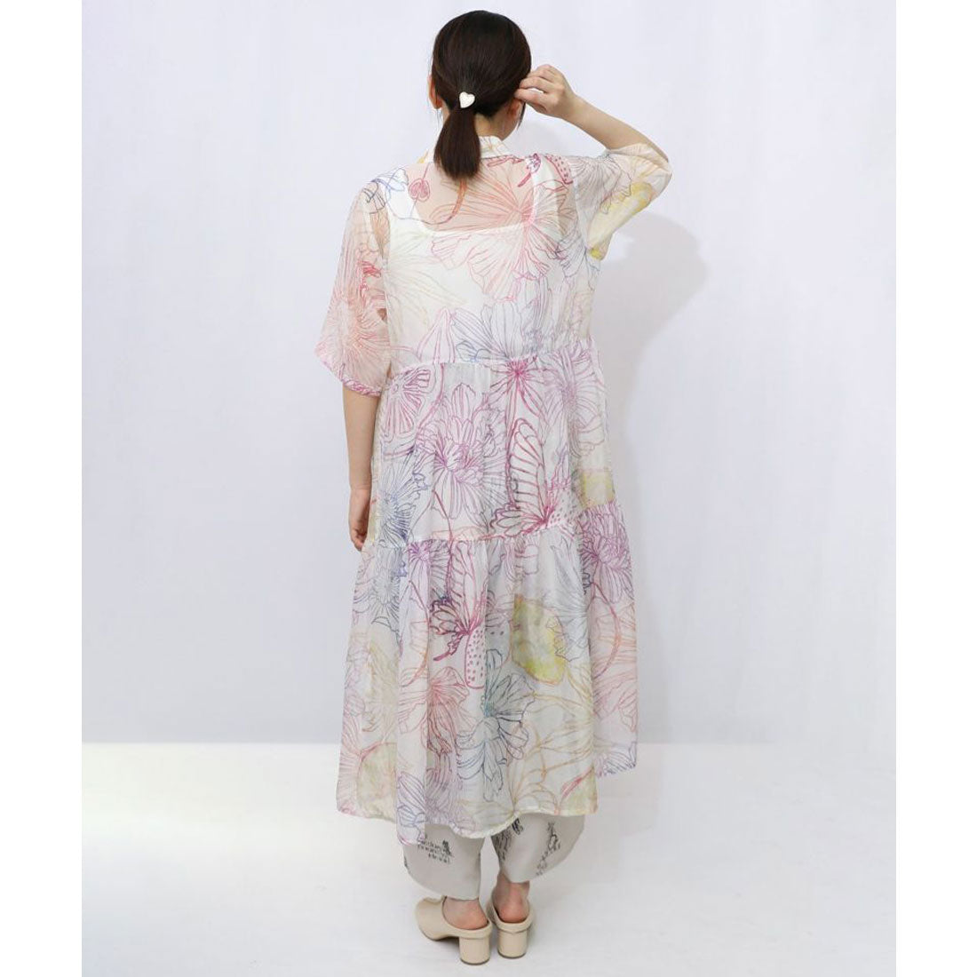 スカラー ScoLar 花フルーツ柄シアーシャツワンピース （オフホワイト） オフホワイト