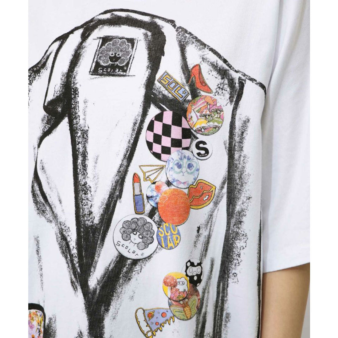 スカラー ScoLar ジャケットトリックアート柄 バッヂ付きチュニック （オフホワイト） スカラー ScoLar ジャケットトリックアート柄 バッヂ付きチュニック