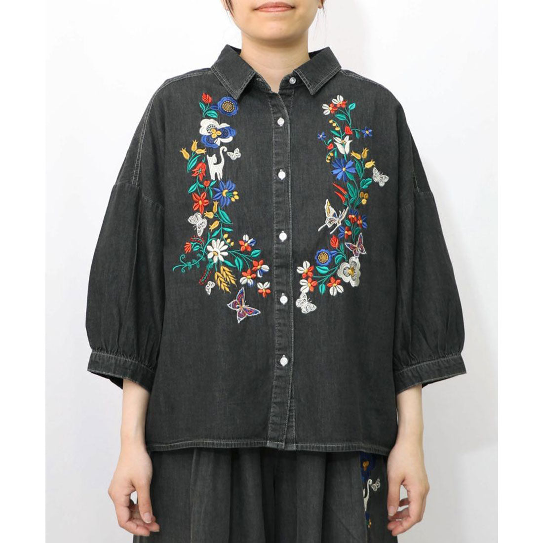 スカラー ScoLar 刺繍デニムシャツ （ブラック） ブラック