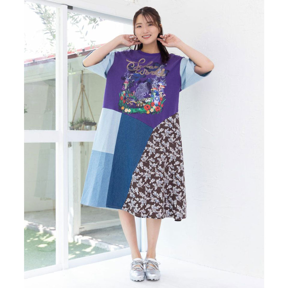 スカラー ScoLar リメイク風デニム切替 花柄ワンピース （パープル） パープル