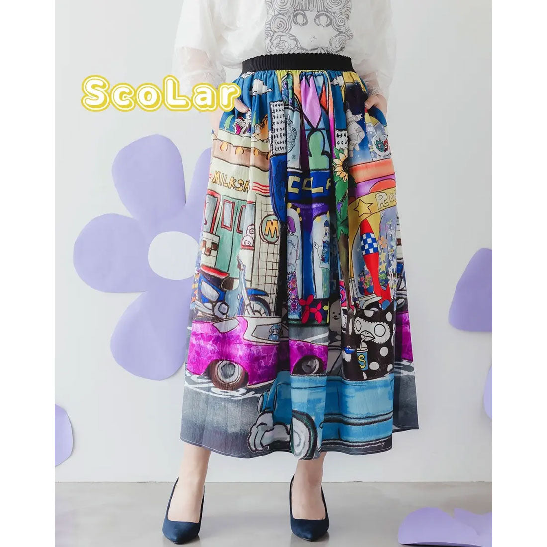 スカラー ScoLar 四季の柄・ヴィンテージカー 2柄展開スカート （ブラック） ブラック