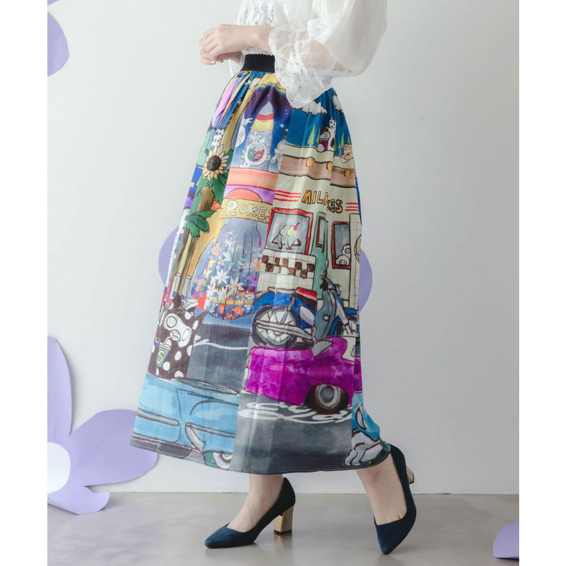 スカラー ScoLar 四季の柄・ヴィンテージカー 2柄展開スカート （ブラック） ブラック